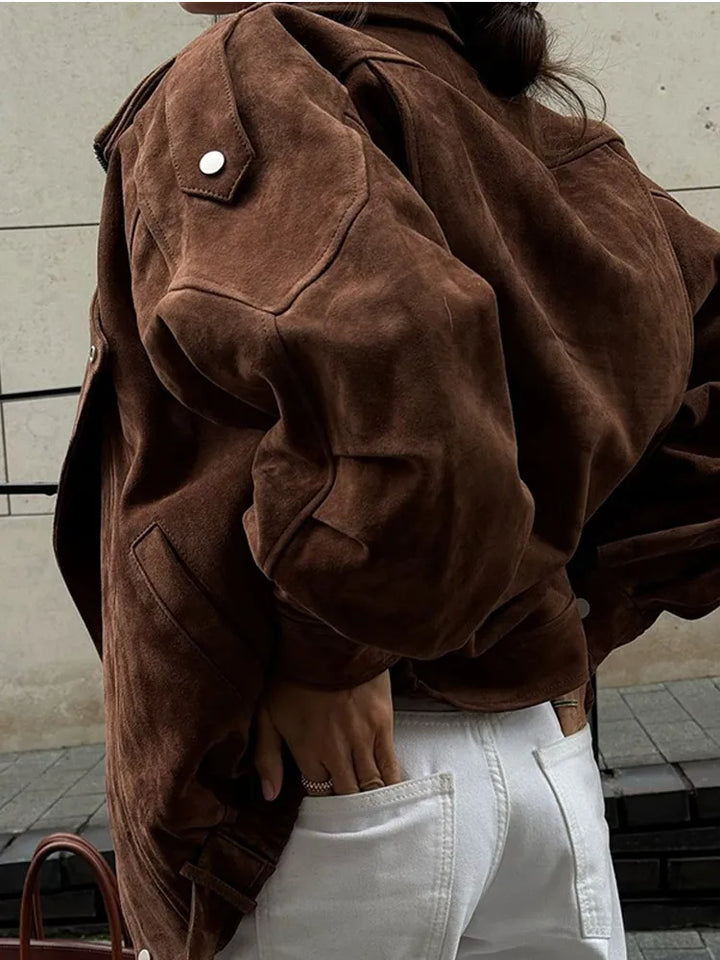 Damen Bikerjacke mit übergroßem Reverskragen und diagonalem Reißverschluss