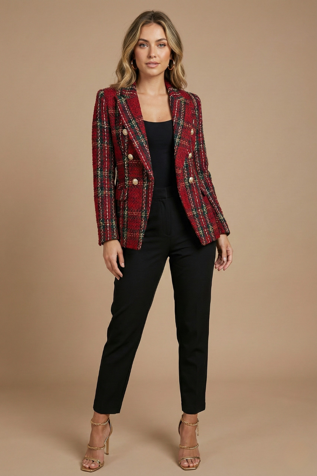Damen Blazer Kariert mit Doppelreihiger Knopfleiste