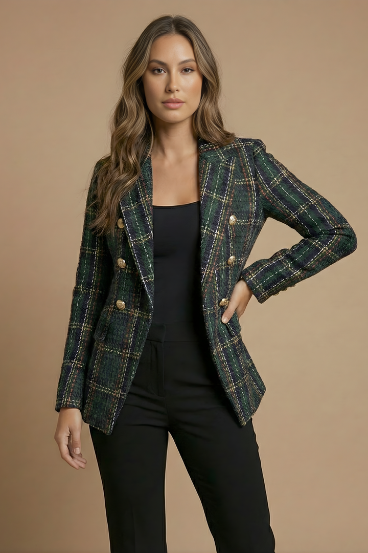 Damen Blazer Kariert mit Doppelreihiger Knopfleiste