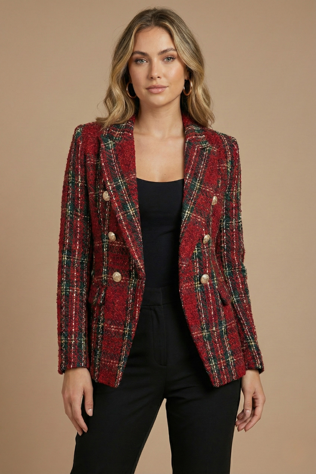Damen Blazer Kariert mit Doppelreihiger Knopfleiste