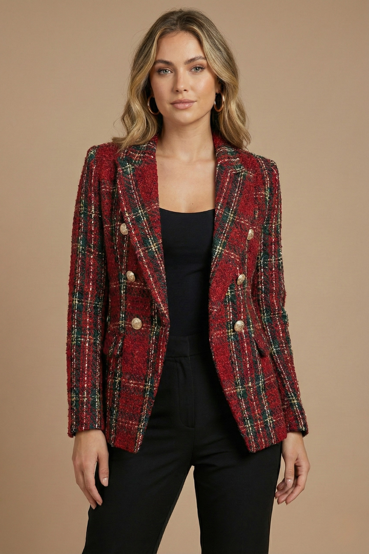 Damen Blazer Kariert mit Doppelreihiger Knopfleiste