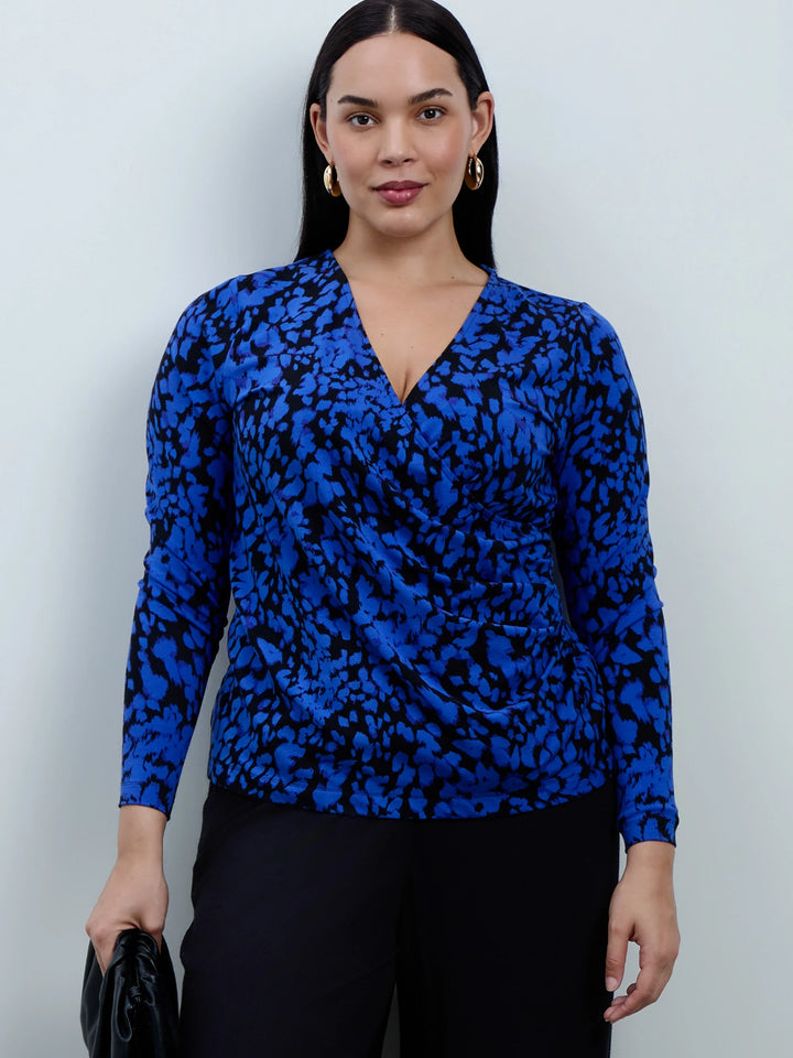 Elske Damen Bluse mit V-Ausschnitt, abstraktem Muster und Ballonärmeln