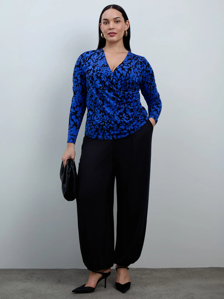Elske Damen Bluse mit V-Ausschnitt, abstraktem Muster und Ballonärmeln