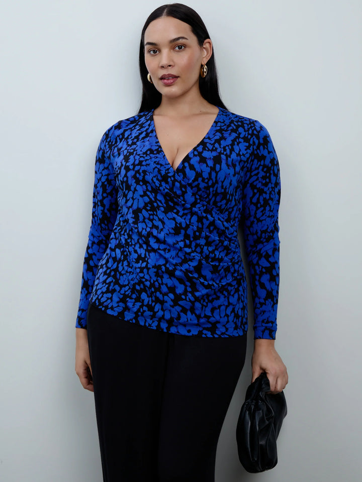 Elske Damen Bluse mit V-Ausschnitt, abstraktem Muster und Ballonärmeln