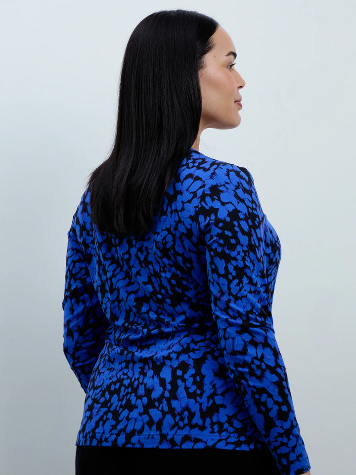 Elske Damen Bluse mit V-Ausschnitt, abstraktem Muster und Ballonärmeln
