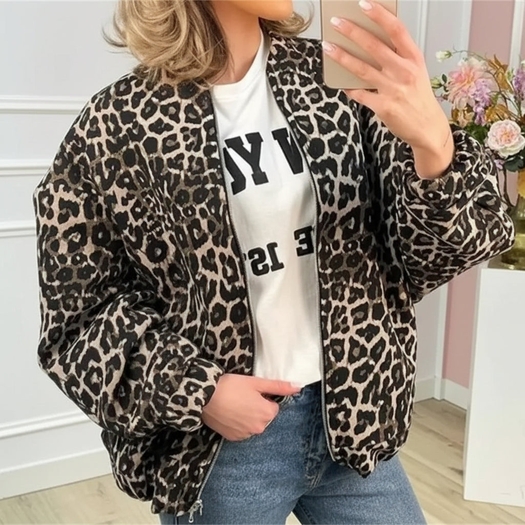 Dames bomberjack met luipaardprint en ritssluiting