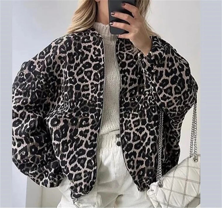 Dames bomberjack met luipaardprint en ritssluiting