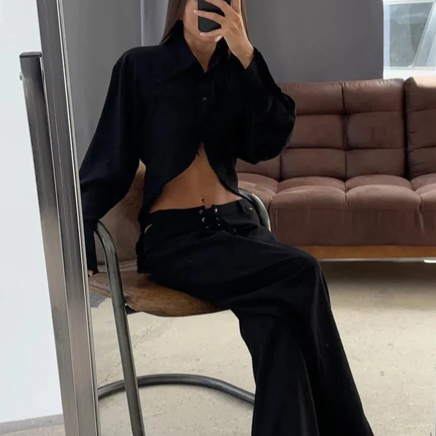 Damen Cropped Hemd-Set mit Umlegekragen Knopfverschluss und Schnürbund-Hose