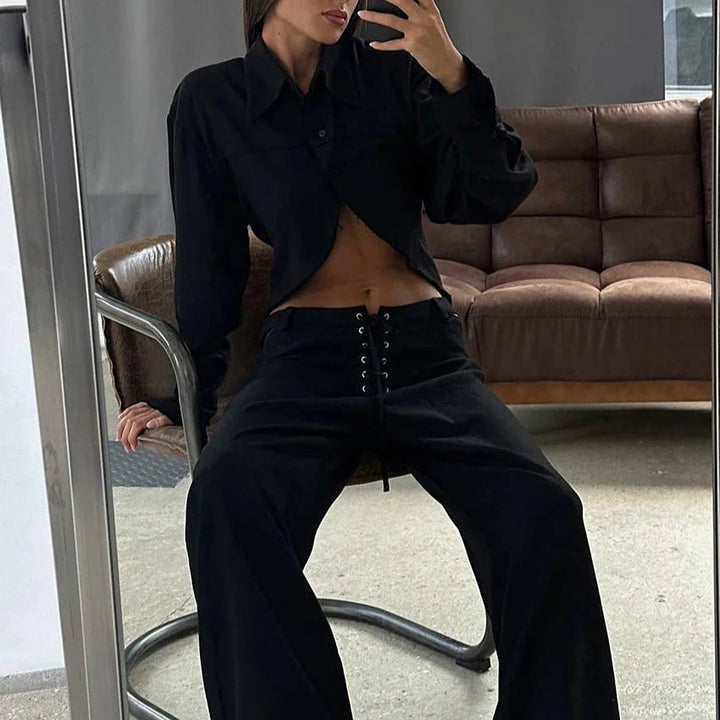 Damen Cropped Hemd-Set mit Umlegekragen Knopfverschluss und Schnürbund-Hose
