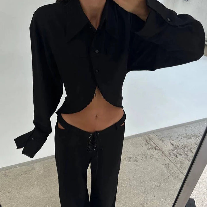Damen Cropped Hemd-Set mit Umlegekragen Knopfverschluss und Schnürbund-Hose