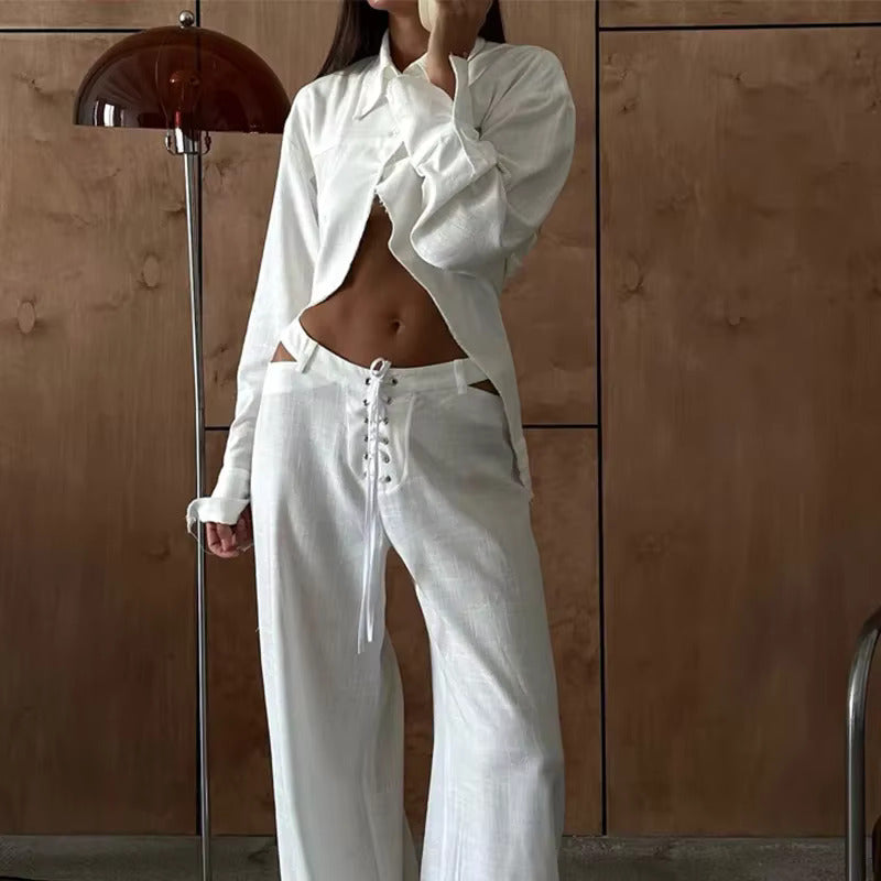 Damen Cropped Hemd-Set mit Umlegekragen Knopfverschluss und Schnürbund-Hose