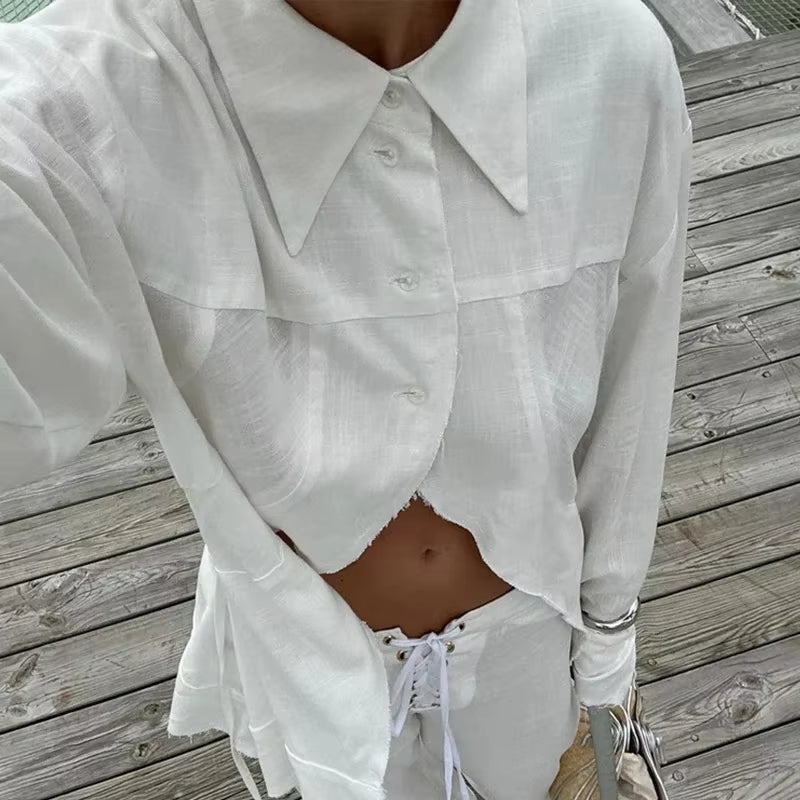 Damen Cropped Hemd-Set mit Umlegekragen Knopfverschluss und Schnürbund-Hose