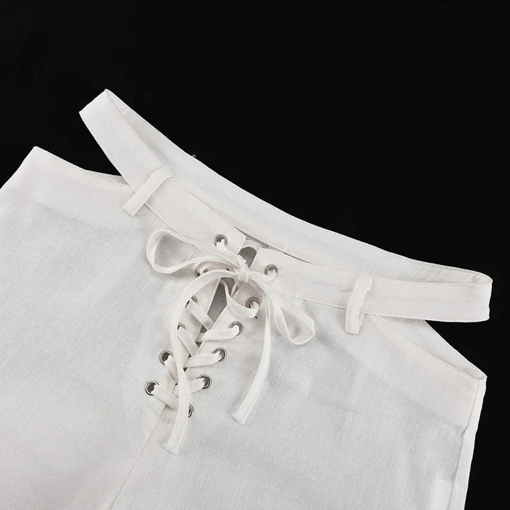 Damen Cropped Hemd-Set mit Umlegekragen Knopfverschluss und Schnürbund-Hose
