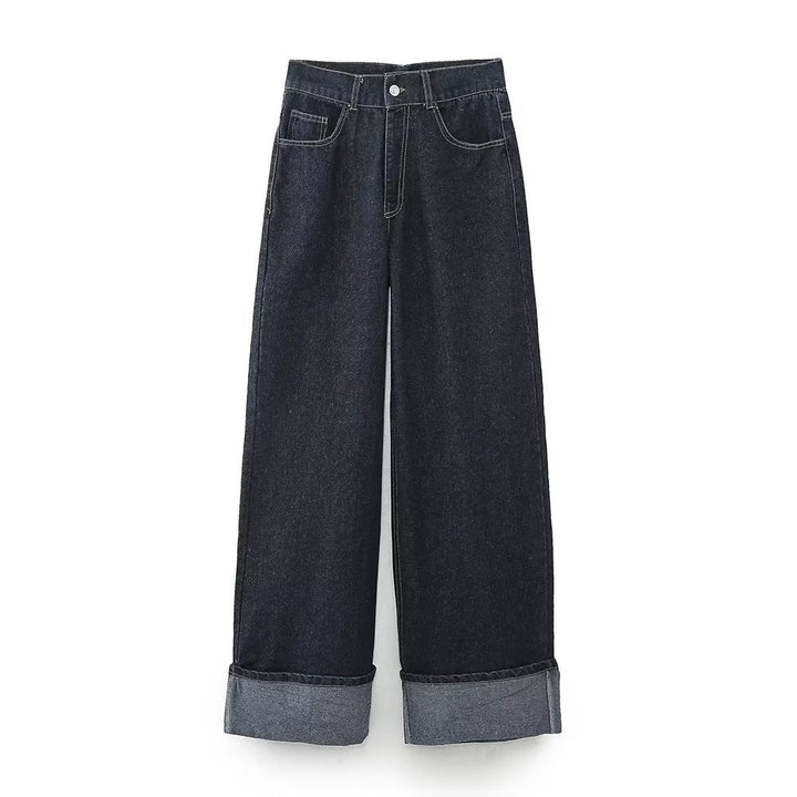 Damen Denim Set für Frauen mit Knopfleiste Hemdblusenkragen und weitem Bein