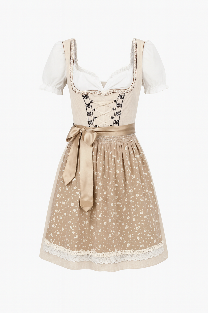 Dames dirndl-jurk met pofmouwen, rijglijfje, bloemenpatroon en satijnen strik