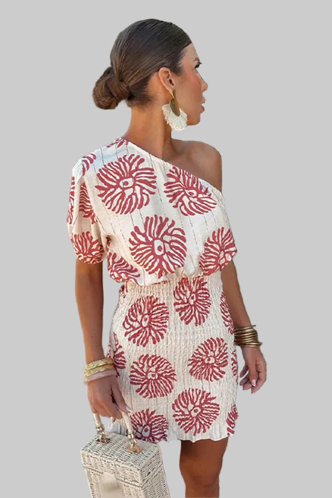 Dames Mini-jurk met Eén Schouder, Pofmouwen, Geplooide Taille en Rood Patroon