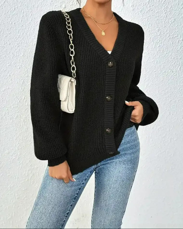 Dames Geribd vest met V-hals, knoopsluiting en pofmouwen