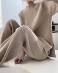 Damen Geripptes Strick Set mit Stehkragen Pullover und Hose mit Weitem Bein