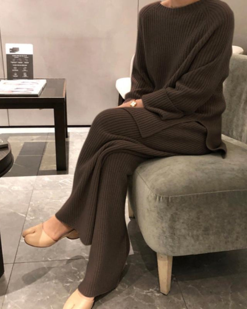 Damen Geripptes Strick Set mit Stehkragen Pullover und Hose mit Weitem Bein