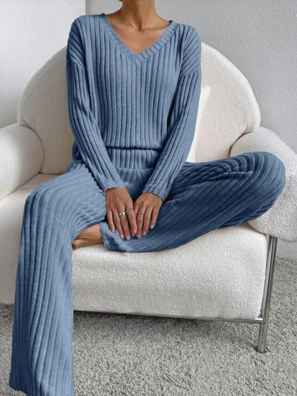 Damen Geripptes Strick Set mit V-Ausschnitt Langen Ärmeln und Weiter Hose