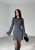 Damen Geripptes Strickkleid mit Rundhalsausschnitt und langen Ärmeln