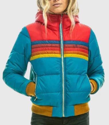 Damen Gesteppte Colorblock Jacke mit Streifen und Teddyfutter