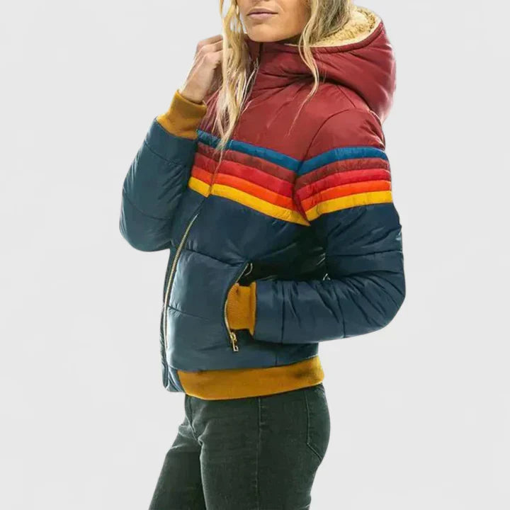 Damen Gesteppte Colorblock Jacke mit Streifen und Teddyfutter