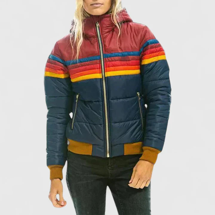 Damen Gesteppte Colorblock Jacke mit Streifen und Teddyfutter