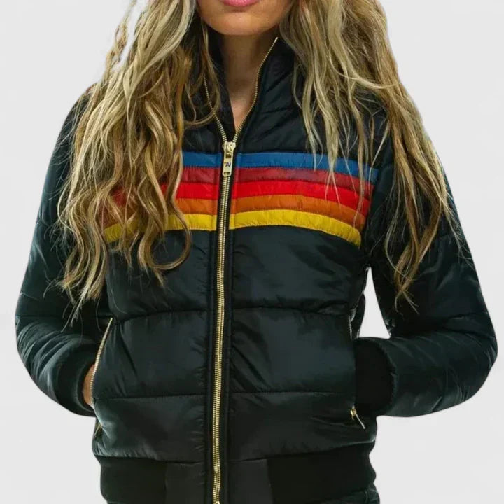 Damen Gesteppte Colorblock Jacke mit Streifen und Teddyfutter