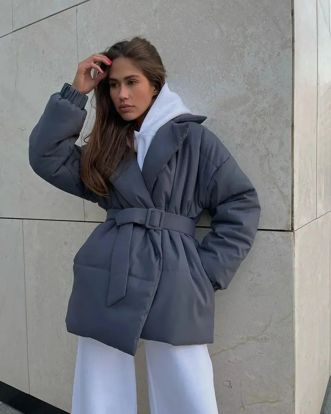 Damen Gesteppte Pufferjacke mit Gürtel breitem Kragen und gerippten Bündchen