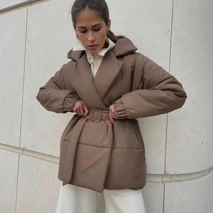 Damen Gesteppte Pufferjacke mit Gürtel breitem Kragen und gerippten Bündchen