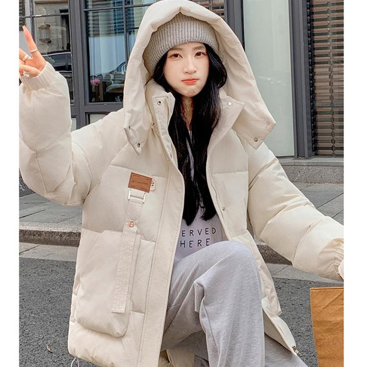 Damen Gesteppte Pufferjacke mit Kapuze Frontreißverschluss Brusttasche und Seitentaschen