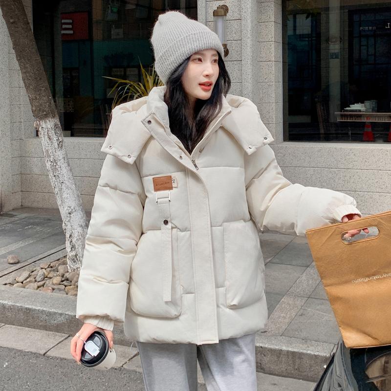 Damen Gesteppte Pufferjacke mit Kapuze Frontreißverschluss Brusttasche und Seitentaschen