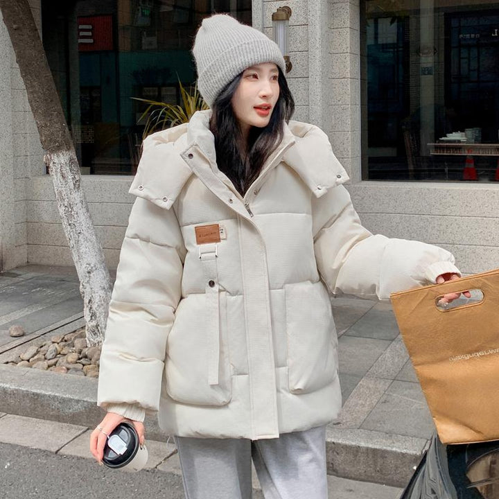 Damen Gesteppte Pufferjacke mit Kapuze Frontreißverschluss Brusttasche und Seitentaschen