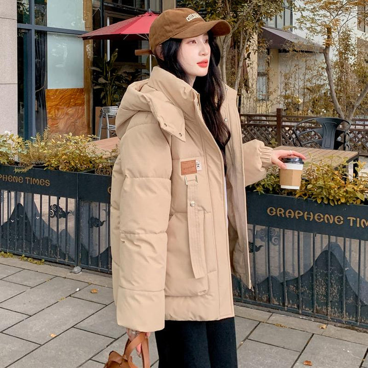 Damen Gesteppte Pufferjacke mit Kapuze Frontreißverschluss Brusttasche und Seitentaschen