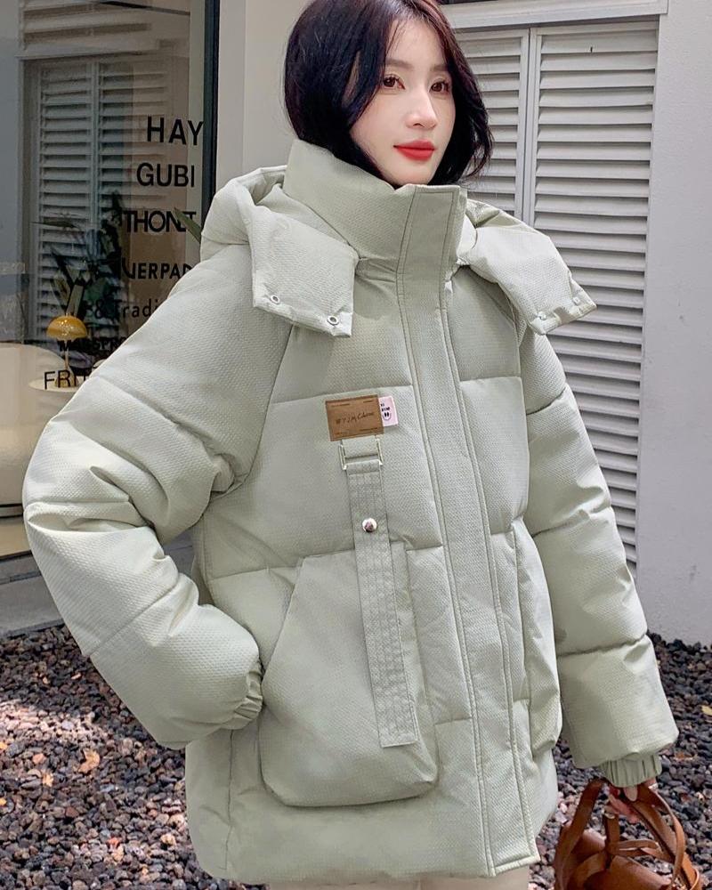 Damen Gesteppte Pufferjacke mit Kapuze Frontreißverschluss Brusttasche und Seitentaschen