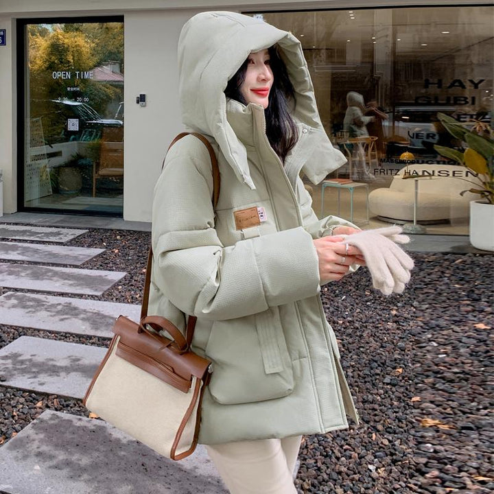 Damen Gesteppte Pufferjacke mit Kapuze Frontreißverschluss Brusttasche und Seitentaschen