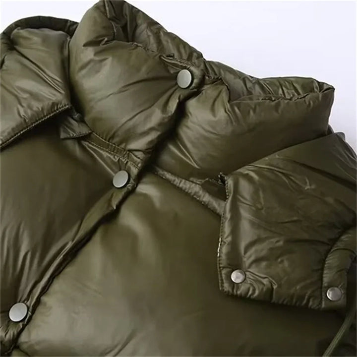 Damen Gesteppte Pufferjacke mit Kapuze Knopfverschluss und Kordelzug am Saum