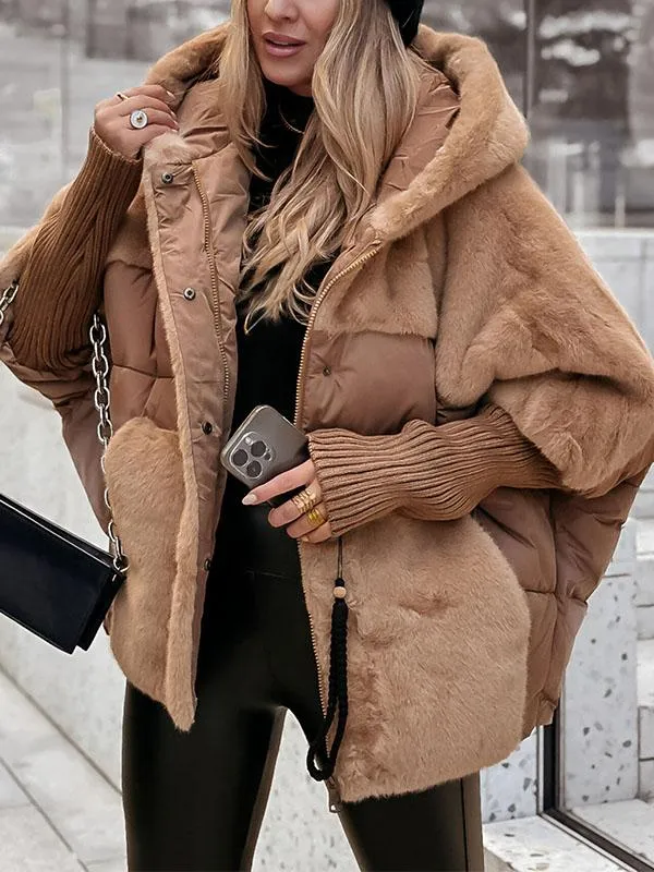 Damen Gesteppte Winterjacke mit Kapuze und Plüscheinsätzen