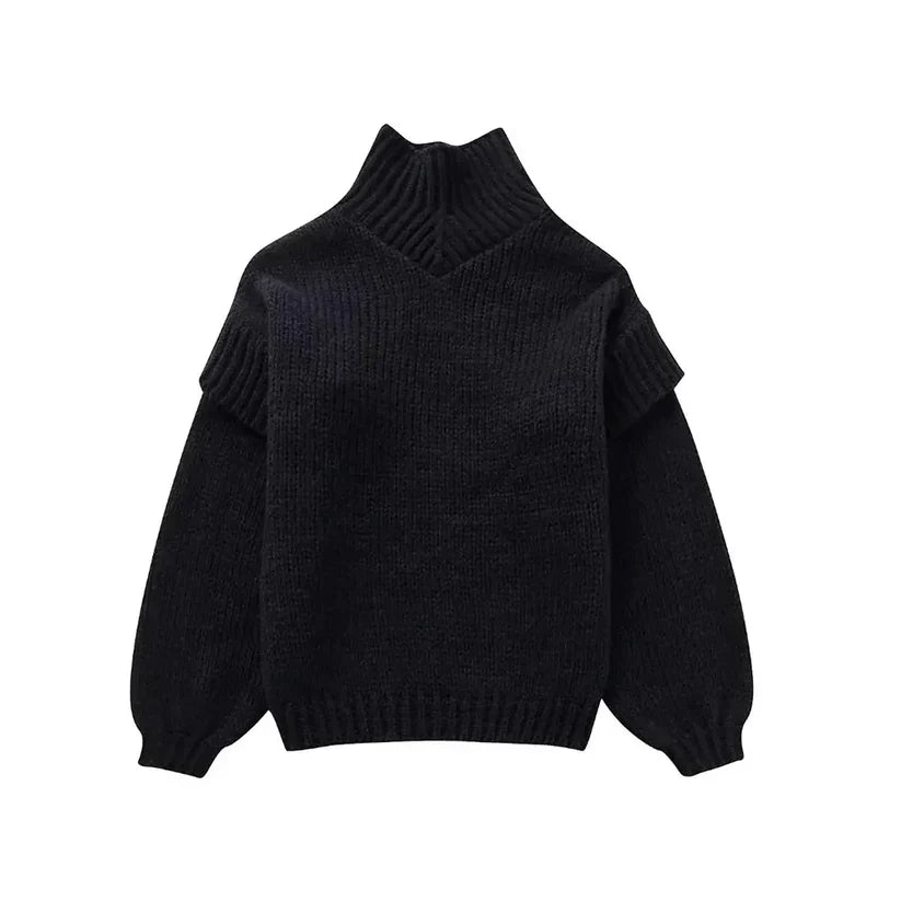 Damen Grobstrick Rollkragenpullover mit Langen Ärmeln und Rippbündchen