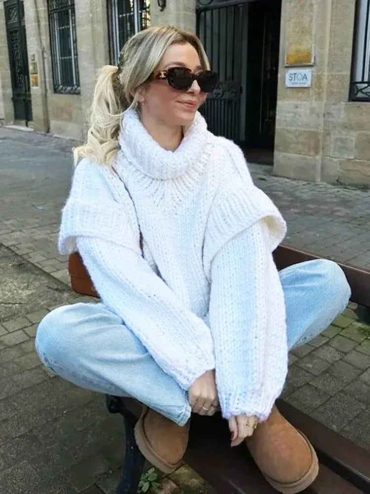 Damen Grobstrick Rollkragenpullover mit Langen Ärmeln und Rippbündchen