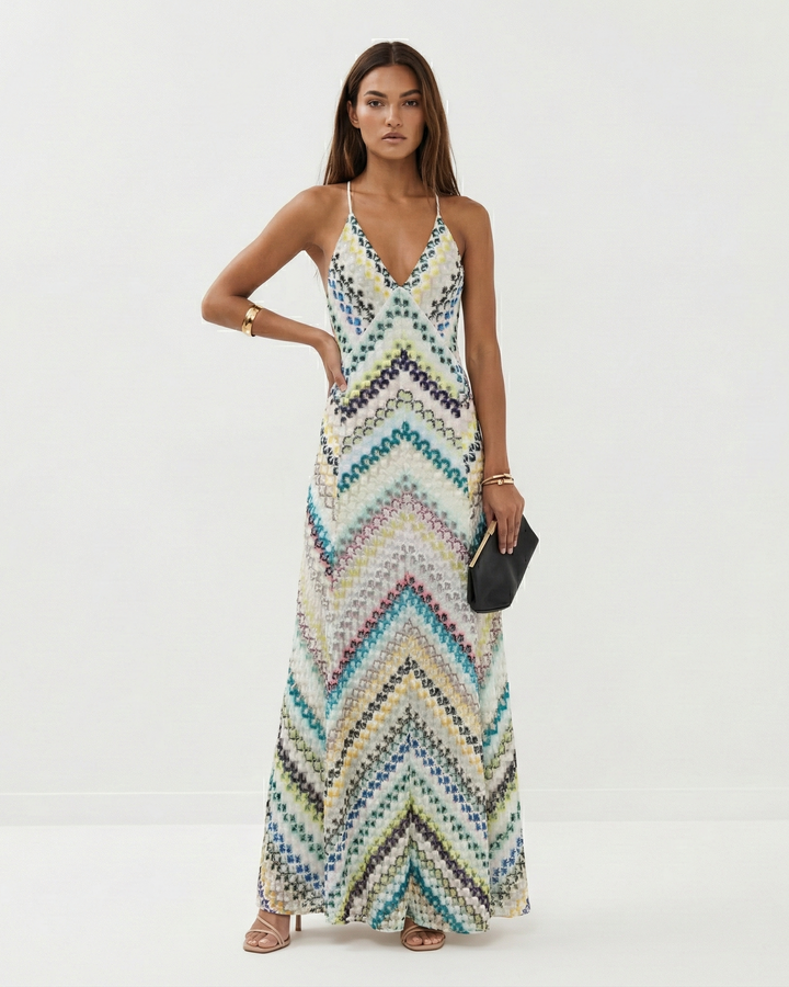 Damen Häkel-Maxikleid mit V-Ausschnitt und offenem Rücken und Spaghettitraegern