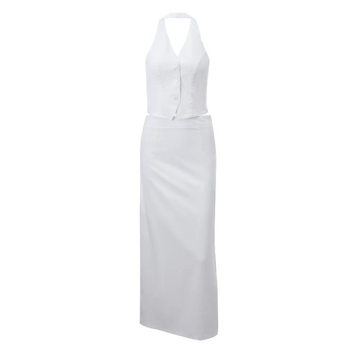 Damen Halter-Neck Weste-Set mit tiefem V-Ausschnitt und Maxi-Rock