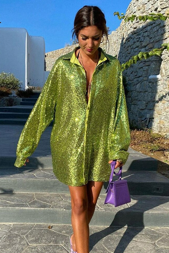 Damesoverhemdblouse met pailletten, overhemdkraag, lange mouwen en knoopsluiting