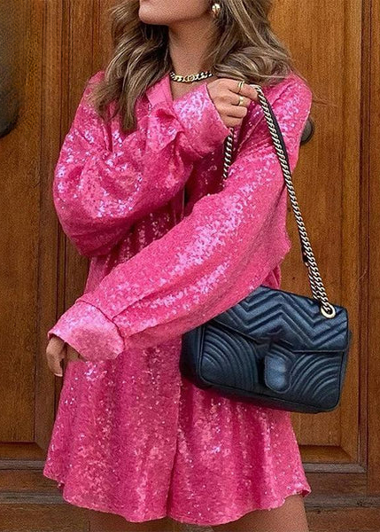 Damesoverhemdblouse met pailletten, overhemdkraag, lange mouwen en knoopsluiting