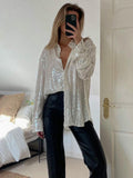 Damen Hemdbluse mit Paillettenbesatz Hemdkragen Langen Ärmeln und Knopfverschluss