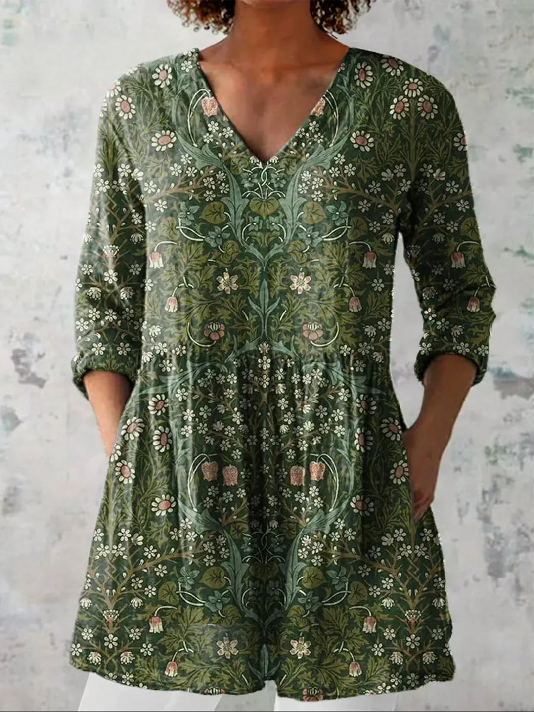 Damen Hemdbluse mit V-Ausschnitt langen Ärmeln und Blumenmuster
