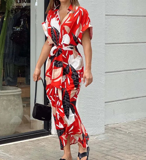 Dames blousejurk in midilengte met kraag, knoopsluiting, ceintuur en korte mouwen