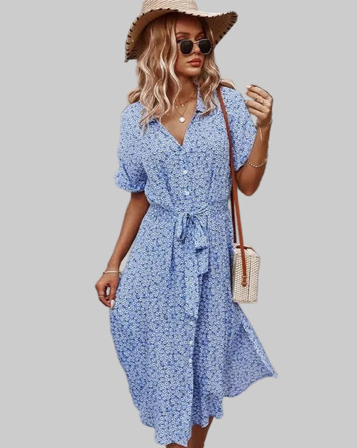 Dames blousejurk met knoopsluiting, strikceintuur, korte mouwen en bloemenpatroon in midilengte