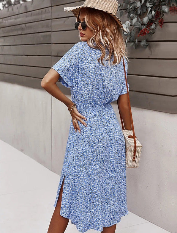 Dames blousejurk met knoopsluiting, strikceintuur, korte mouwen en bloemenpatroon in midilengte